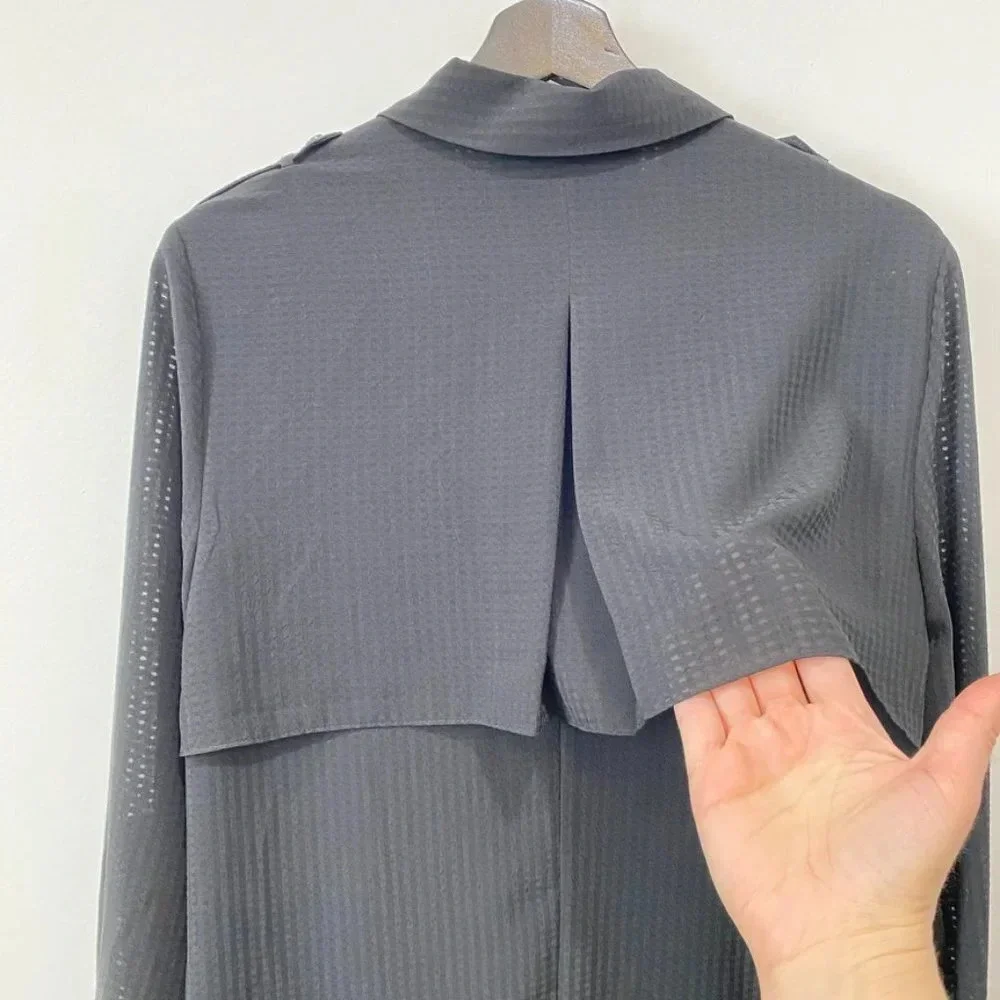 DKNY M Sheer Checkered Flowy Black Blouse with Collar Androgynous Sporty